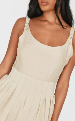 Cream Textured Buckle Strap Puffball Dress