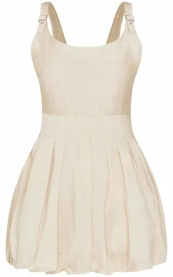 Cream Textured Buckle Strap Puffball Dress