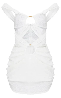 Cream Textured Crinkle Ring Detail Cut Out Bodycon Dress