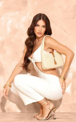 Cream Textured Cut Out Knot Detail Strappy Midaxi Dress