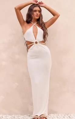Cream Textured Cut Out Ring Detail Maxi Dress
