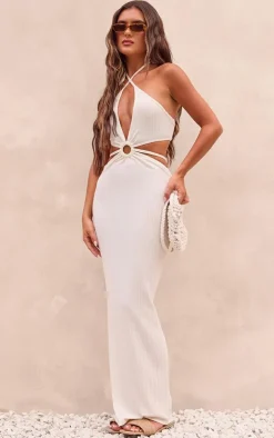 Cream Textured Cut Out Ring Detail Maxi Dress