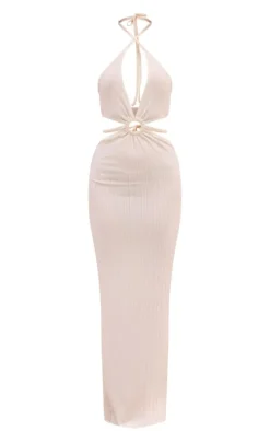 Cream Textured Cut Out Ring Detail Maxi Dress