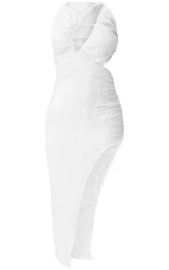 Cream Textured Cut Out Ruched Midi Dress