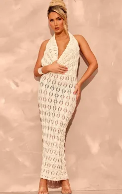 Cream Textured Extreme Cowl Neck Maxi Dress