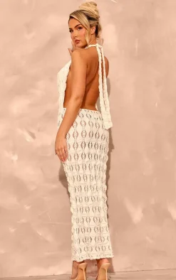 Cream Textured Extreme Cowl Neck Maxi Dress