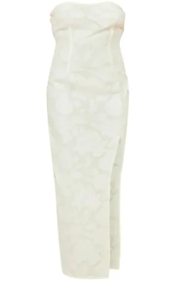 Cream Textured Floral Bandeau Maxi Dress