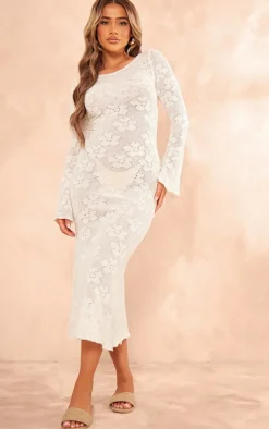 Cream Textured Floral Lace Up Back Flared Sleeve Midi Dress