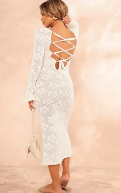 Cream Textured Floral Lace Up Back Flared Sleeve Midi Dress