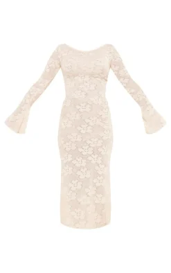 Cream Textured Floral Lace Up Back Flared Sleeve Midi Dress