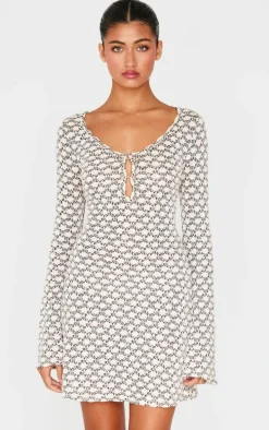 Cream Textured Gold Trim Detail Shift Dress