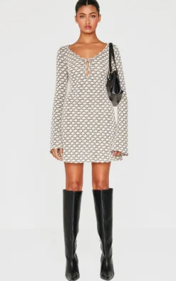 Cream Textured Gold Trim Detail Shift Dress