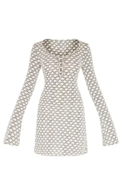 Cream Textured Gold Trim Detail Shift Dress