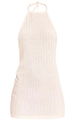 Cream Textured Halterneck Bodycon Dress