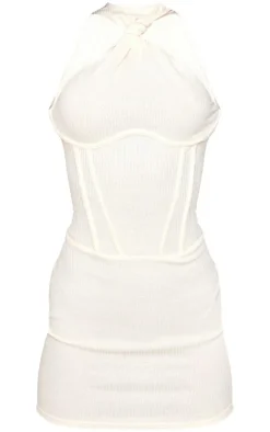 Cream Textured High Neck Knot Corset Underwired Bodycon Dress