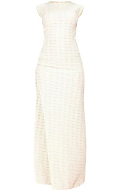 Cream Textured Jersey Boat Neck Ring Detail Maxi Dress