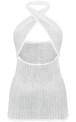 Cream Textured Knit Cross Front Halterneck Mini Dress