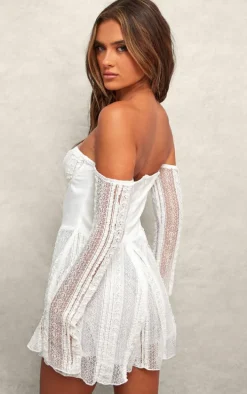 Cream Textured Lace Corset Detail Long Sleeve Romper