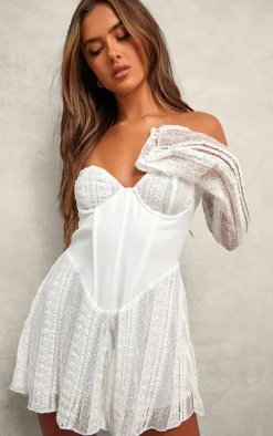 Cream Textured Lace Corset Detail Long Sleeve Romper