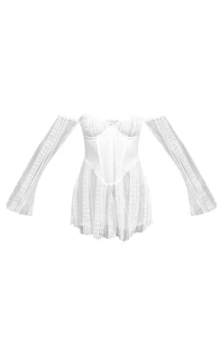 Cream Textured Lace Corset Detail Long Sleeve Romper