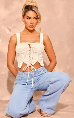 Cream Textured Lace Up Ruched Straps Corset