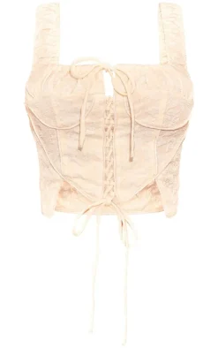 Cream Textured Lace Up Ruched Straps Corset
