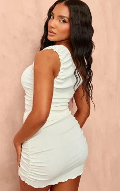 Cream Textured Lettuce Hem One Shoulder Bodycon Dress