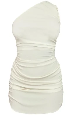Cream Textured Lettuce Hem One Shoulder Bodycon Dress