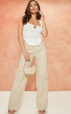 Cream Textured Longline Binding Dipped Hem Corset