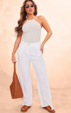 Cream Textured Mesh Halter Tie Bodysuit