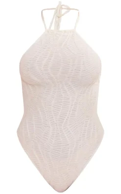 Cream Textured Mesh Halter Tie Bodysuit