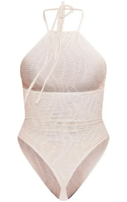 Cream Textured Mesh Halter Tie Bodysuit