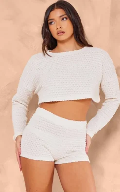 Cream Textured Rib Hot Pants