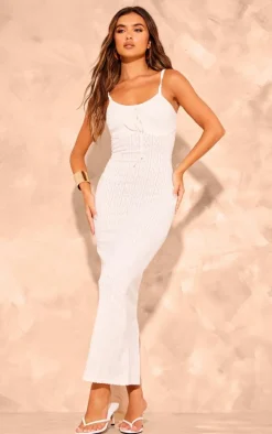 Cream Textured Rib Knit Underbust Detail Maxi Dress