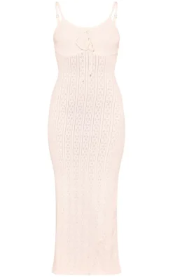 Cream Textured Rib Knit Underbust Detail Maxi Dress