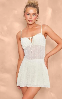 Cream Textured Ruched Tie Shift Dress