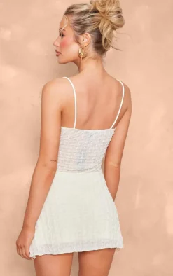 Cream Textured Ruched Tie Shift Dress