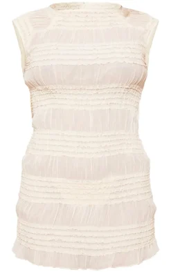 Cream Textured Ruffle Cap Sleeve Bodycon Dress