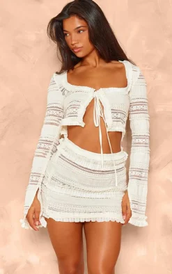 Cream Textured Ruffle Cut Out Tie Bodycon Dress