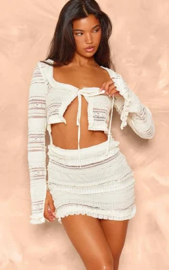 Cream Textured Ruffle Cut Out Tie Bodycon Dress