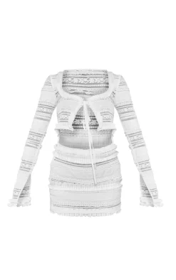 Cream Textured Ruffle Cut Out Tie Bodycon Dress