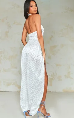 Cream Textured Satin Halterneck Cut Out Maxi Dress