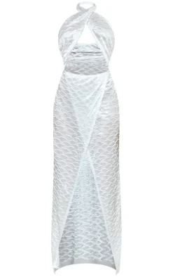 Cream Textured Satin Halterneck Cut Out Maxi Dress