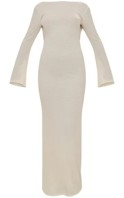 Cream Textured Scoop Back Long Sleeve Maxi Dress