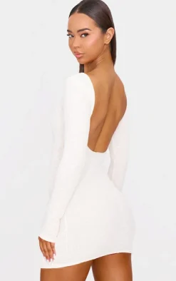 Cream Textured Scoop Back Long Sleeve Bodycon Dress