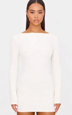 Cream Textured Scoop Back Long Sleeve Bodycon Dress