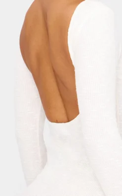 Cream Textured Scoop Back Long Sleeve Bodycon Dress