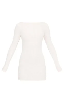 Cream Textured Scoop Back Long Sleeve Bodycon Dress