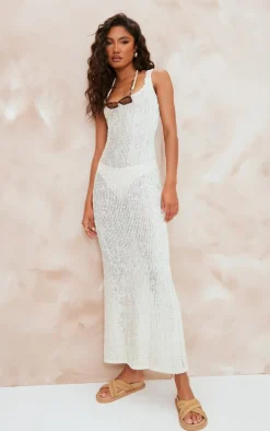 Cream Textured Scoop Neck Maxi Dress