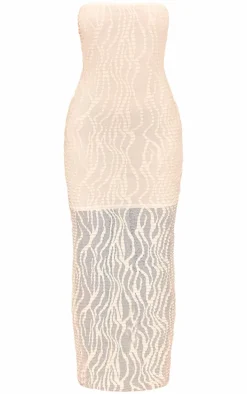 Cream Textured Sheer Jersey Bandeau Maxi Dress
